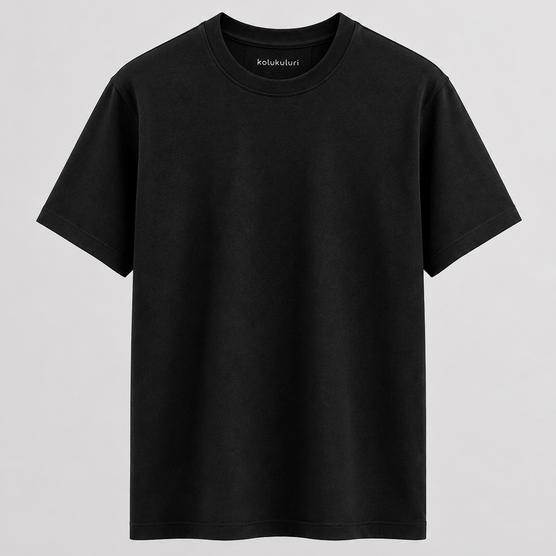 A plain black short-sleeve crewneck t-shirt by Kikikafuri, displayed against a neutral light gray background.