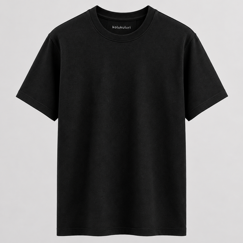 A plain black short-sleeve crewneck t-shirt by Kikikafuri, displayed against a neutral light gray background.